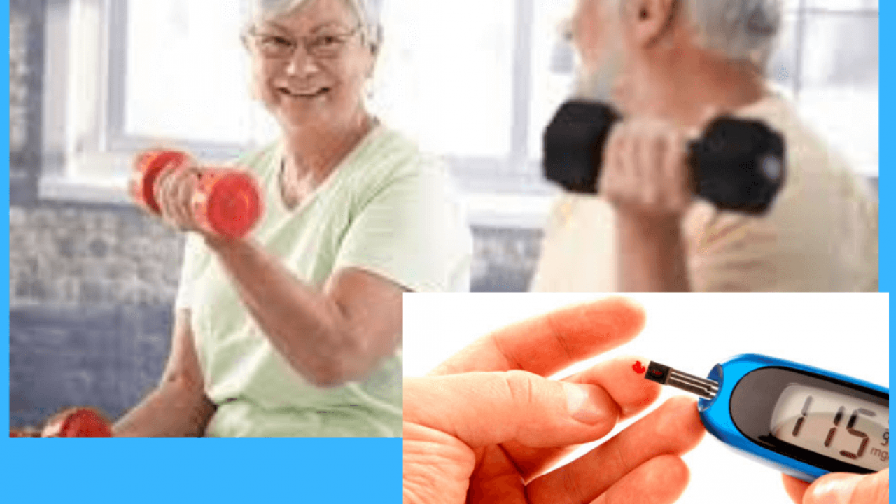 dois idosos fazendo musculação e um medidor de diabetes